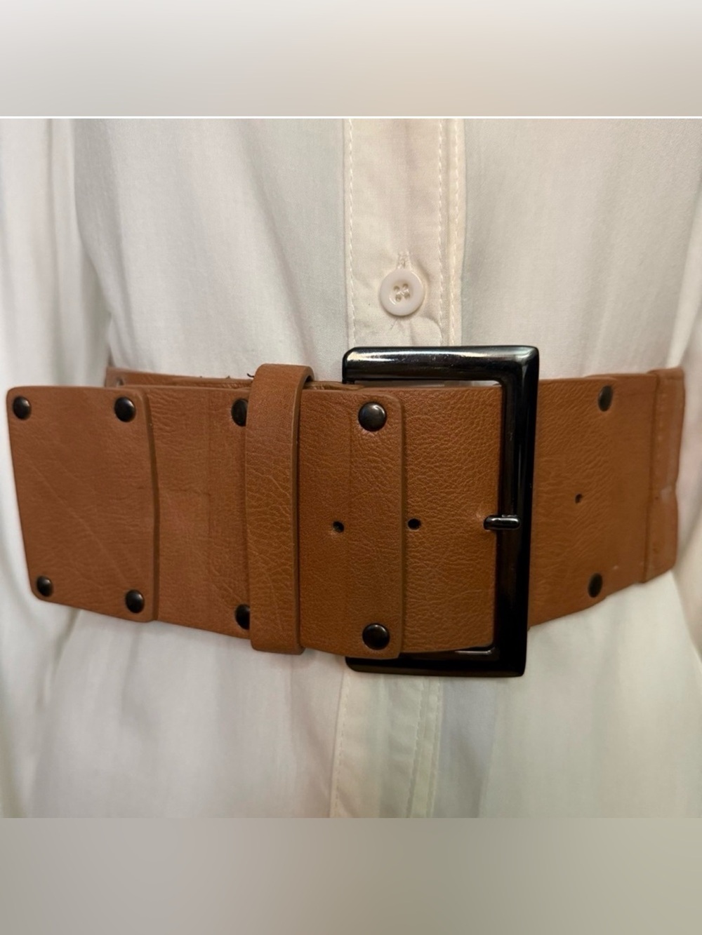 Brown PU leather wide elastic waistband belt with hematite tone rectangle buckle